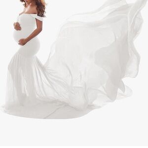 White Off-the-Shoulder Cap Sleeve Bridal Maxi Dress